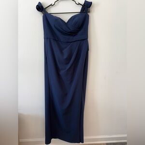 Galina Signature Navy Off Shoulder Satin Formal Bridesmaid Dress Size 14
